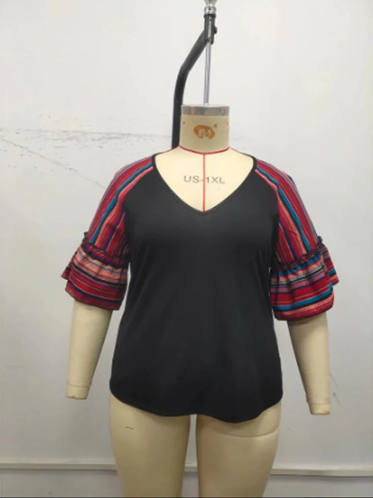 Contrast-Stripe Ruffle-Sleeve Top