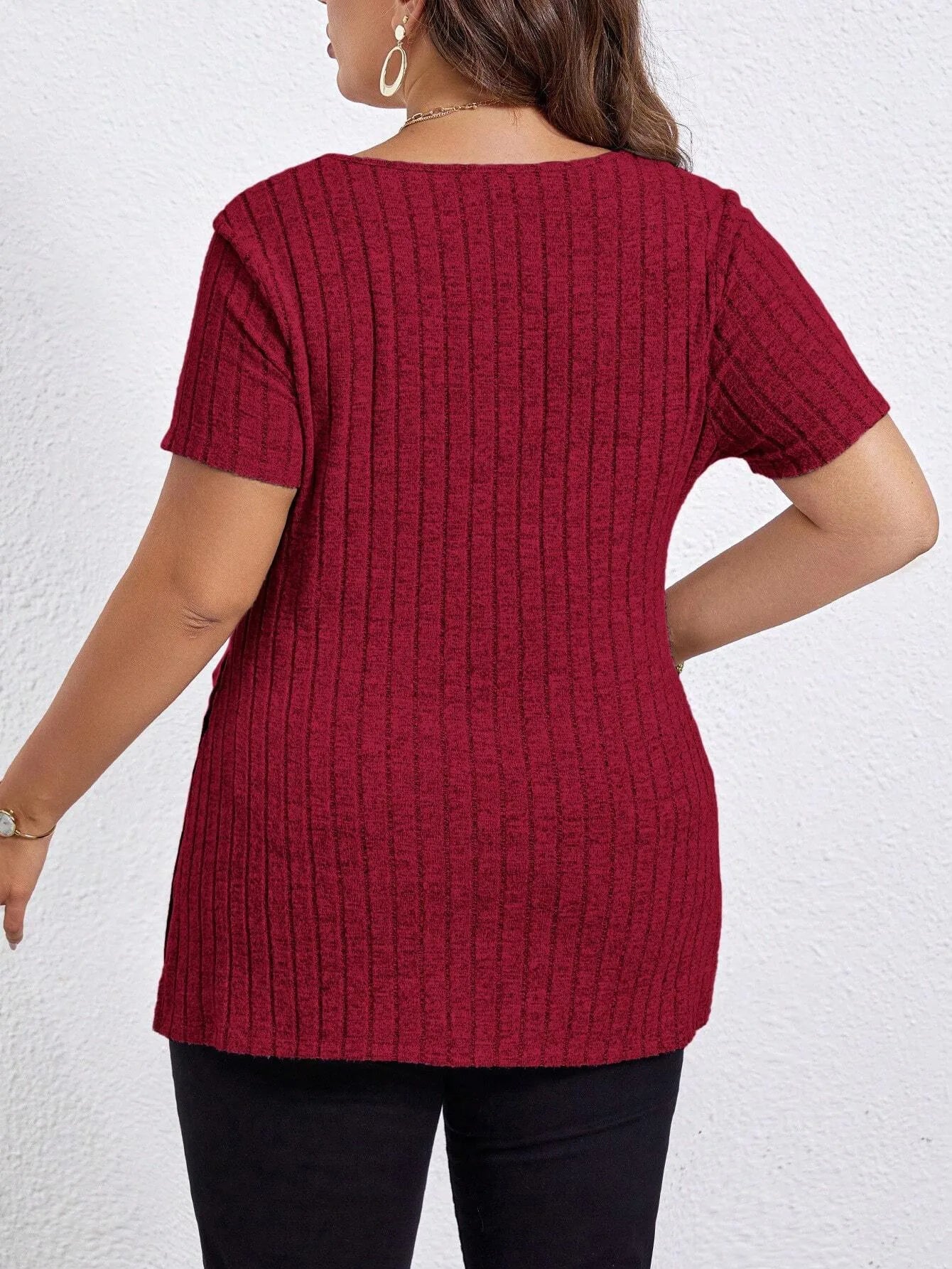 Ribbed V-Neck Side-Slit Tunic