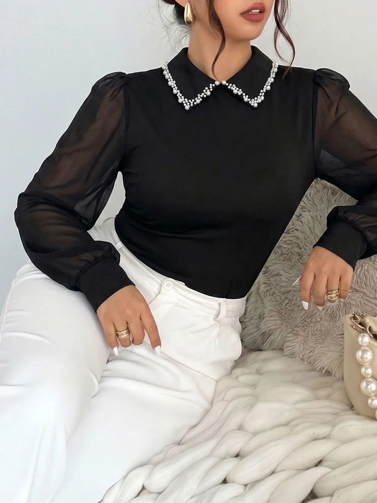 Pearl-Collar Sheer-Sleeve Top