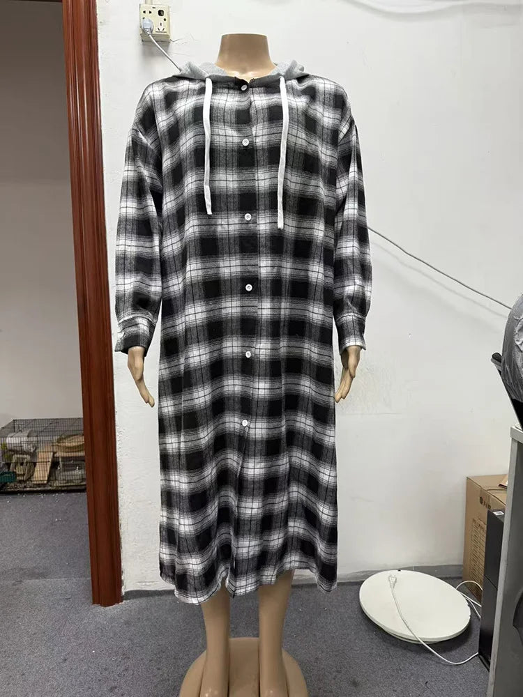 Plaid Hooded Longline Shirt Jacket