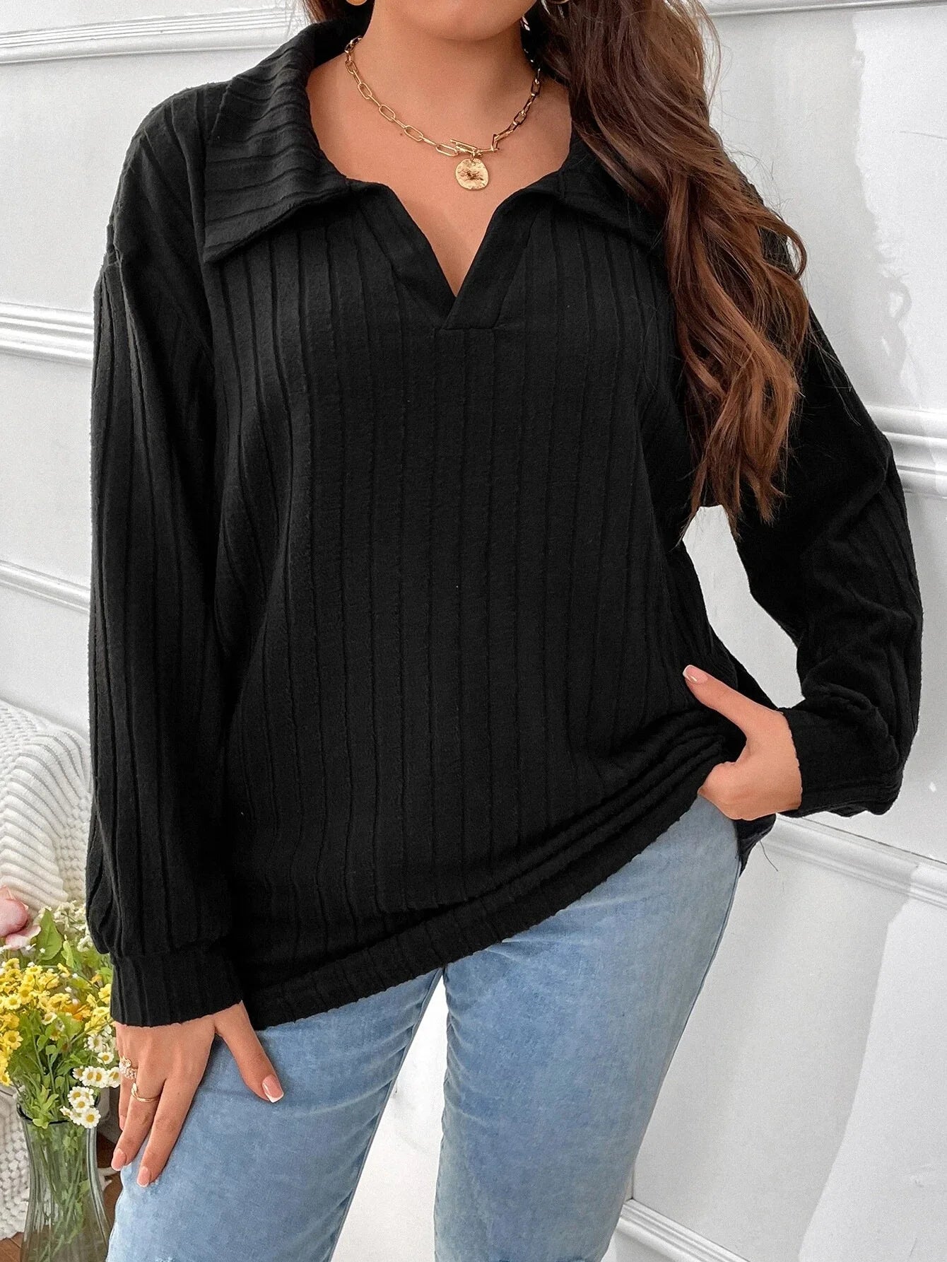 Ribbed Polo-Collar Tunic Top