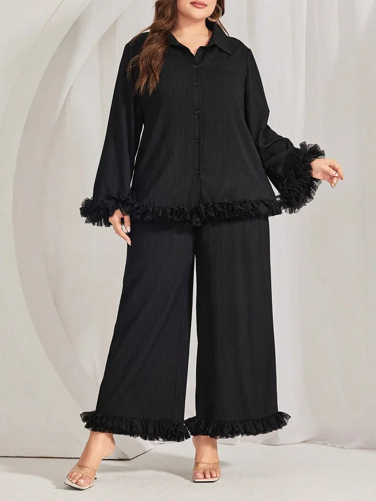 Ruffle-Trim Shirt & Wide-Leg Pants Set