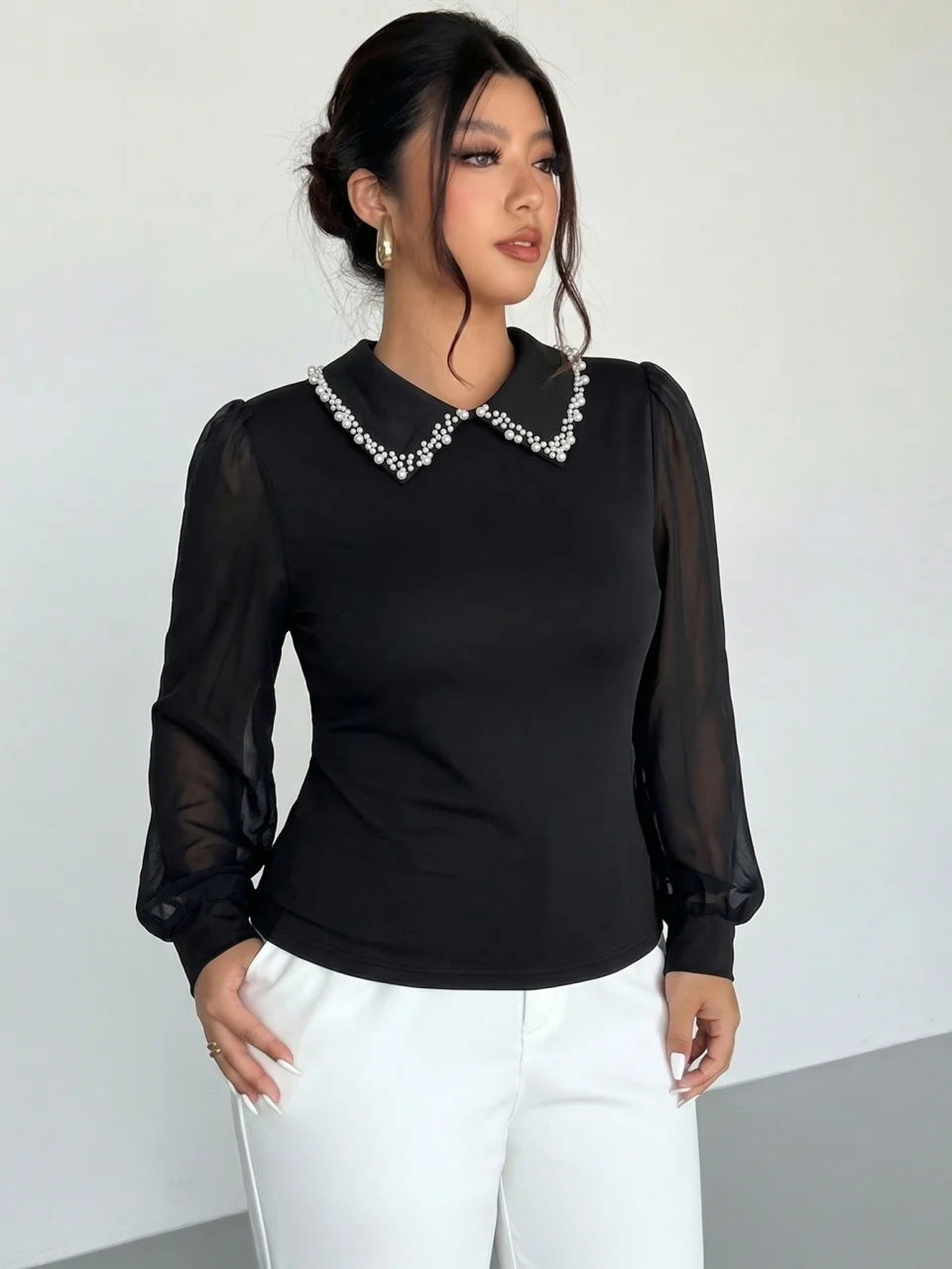 Pearl-Collar Sheer-Sleeve Top