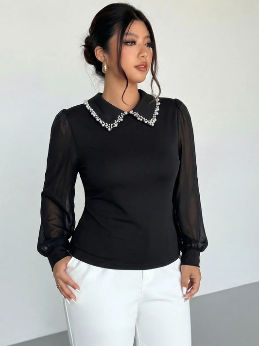 Pearl-Collar Sheer-Sleeve Top