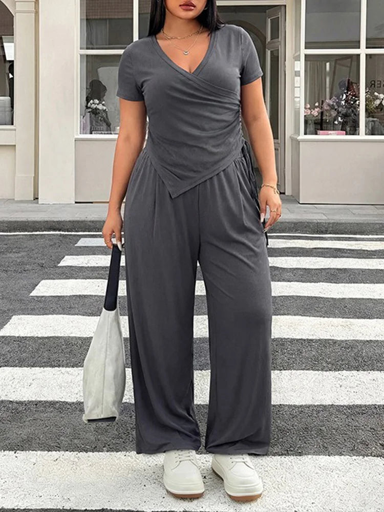 Ruched Wrap Top & Wide-Leg Pants Set
