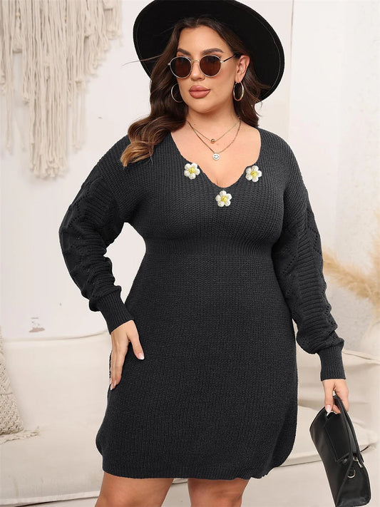 Floral-Appliqué V-Neck Sweater Dress