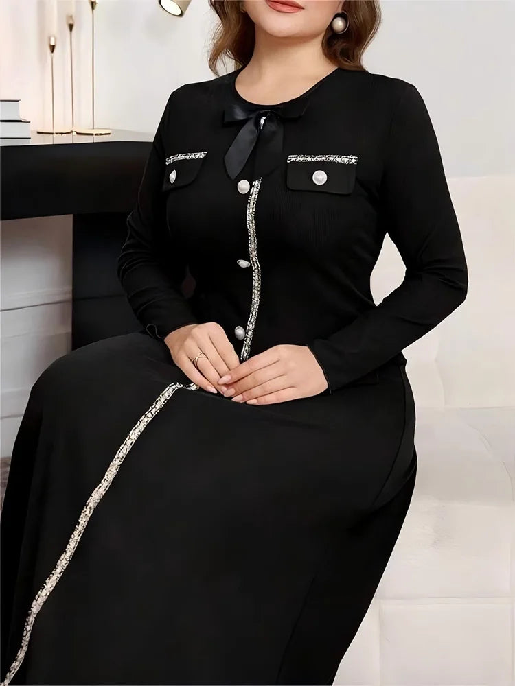 Bow-Neck Buttoned Maxi Dress