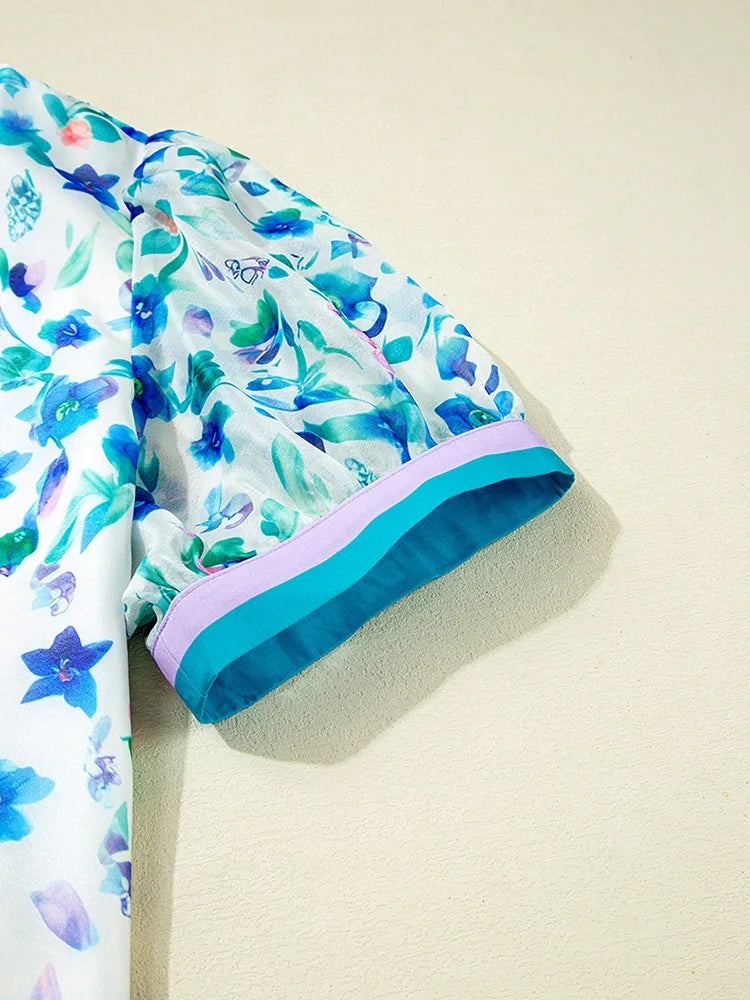 Watercolor-Floral Contrast-Trim Blouse