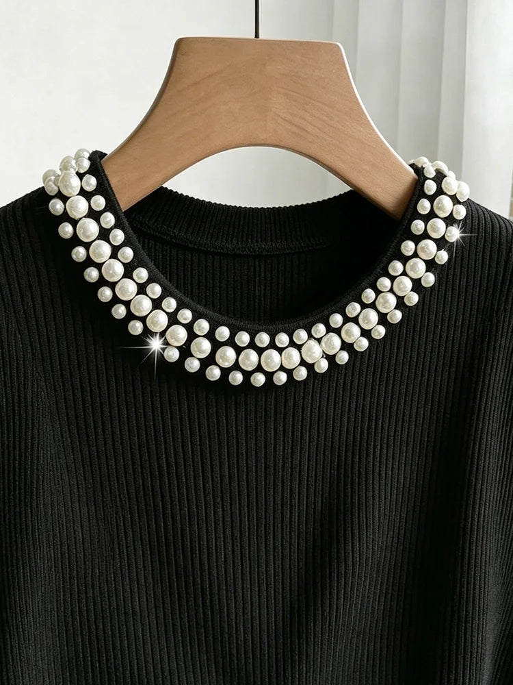 Pearl-Collar Ribbed Long-Sleeve Top