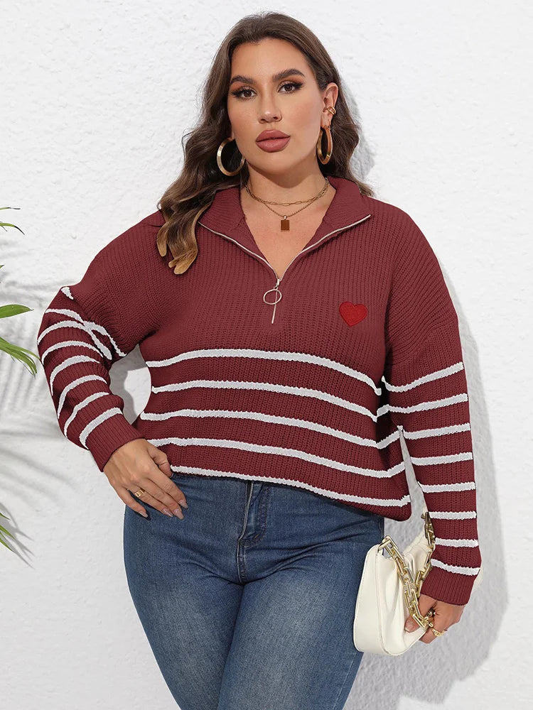 Heart-Appliqué Half-Zip Striped Sweater