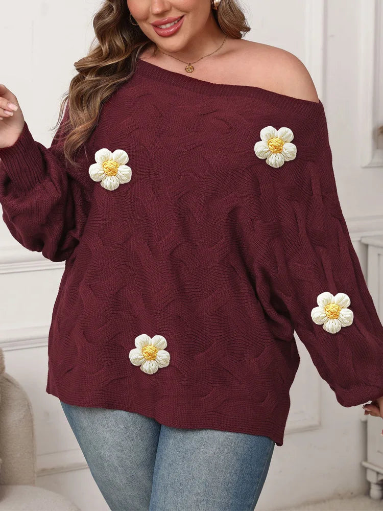 Colorful Floral-Appliqué Textured Sweater