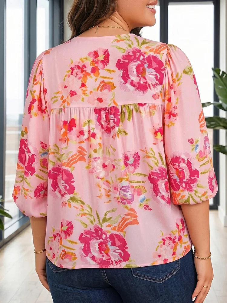 Floral Tie-Neck Three-Quarter Blouse