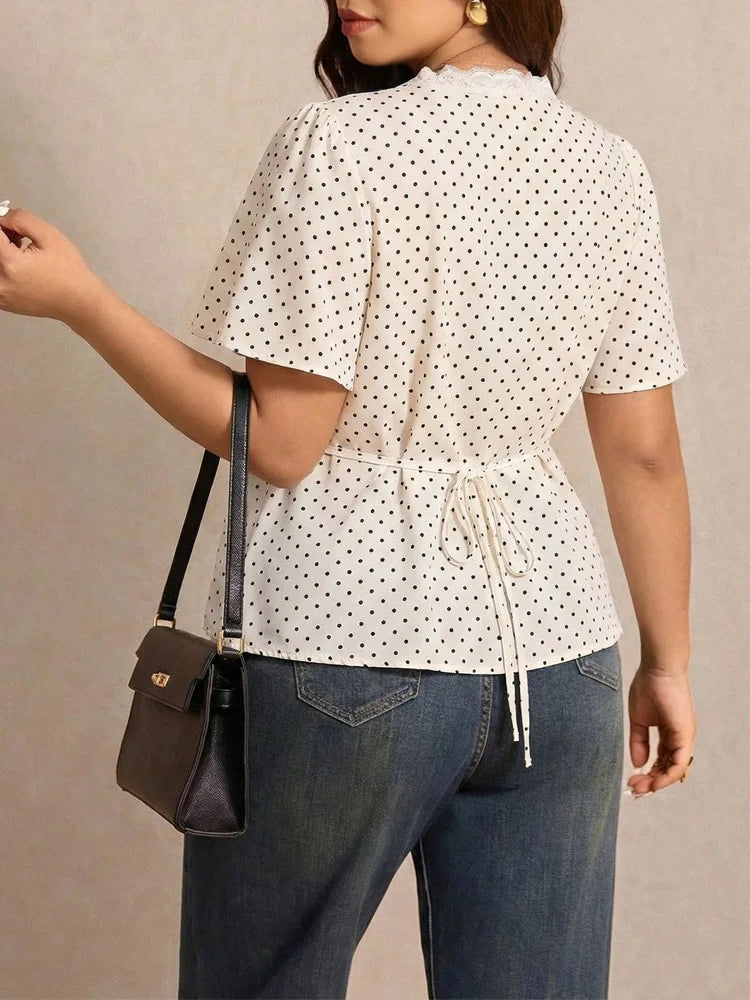 Polka-Dot Lace-Trim Peplum Blouse