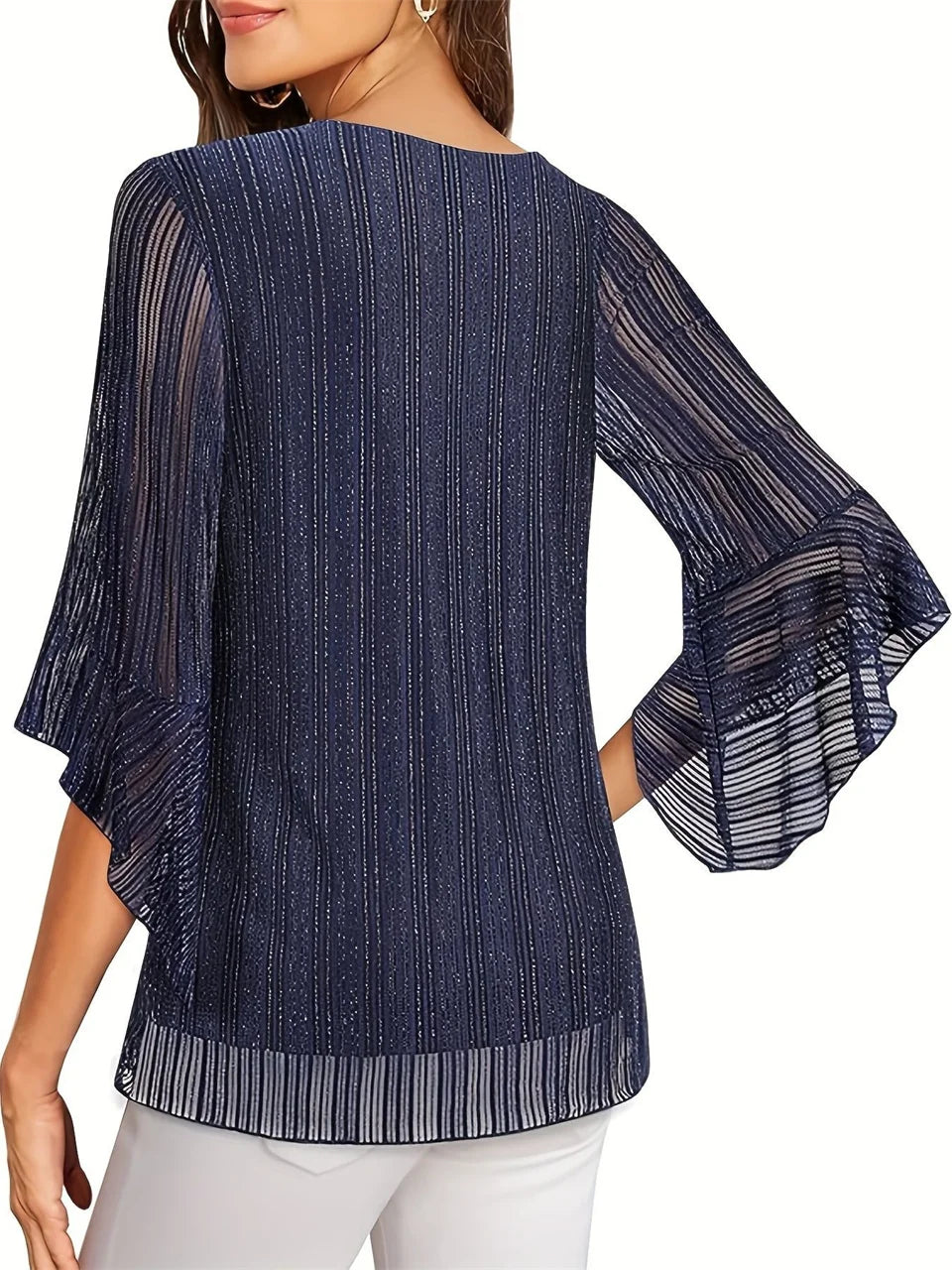 Shimmer-Stripe Flared-Sleeve Blouse