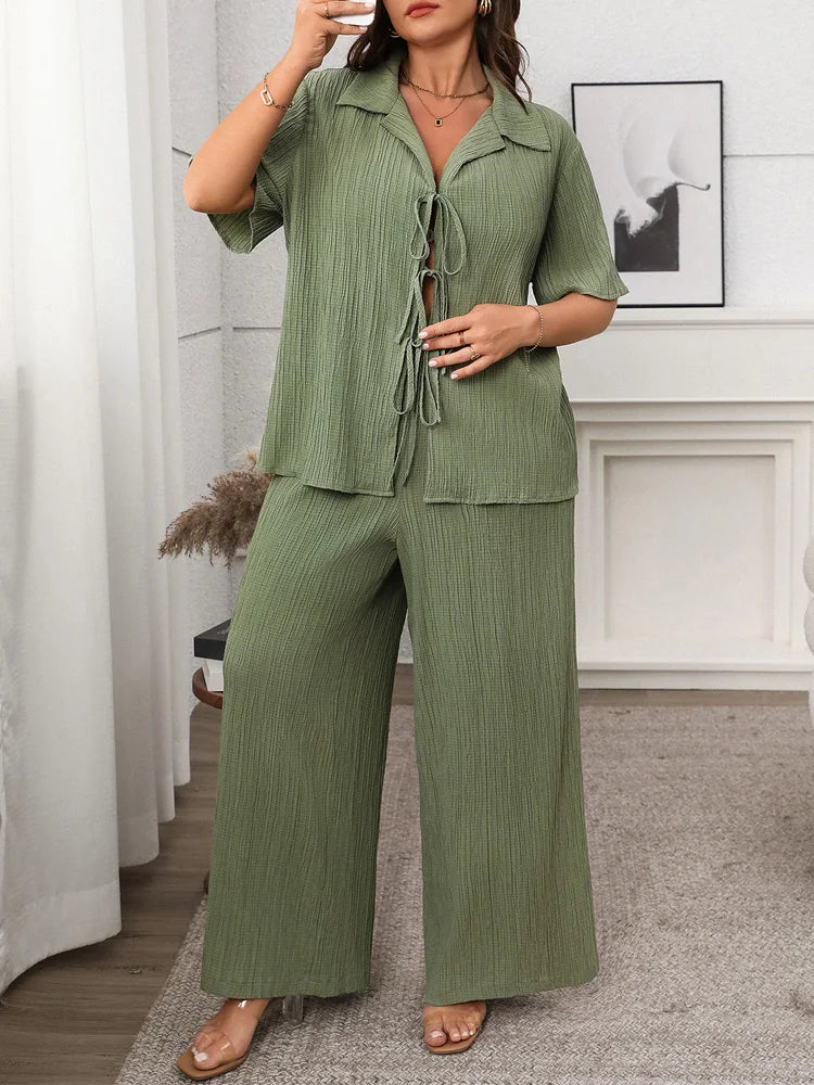 Tie-Front Shirt & Wide-Leg Pants Set
