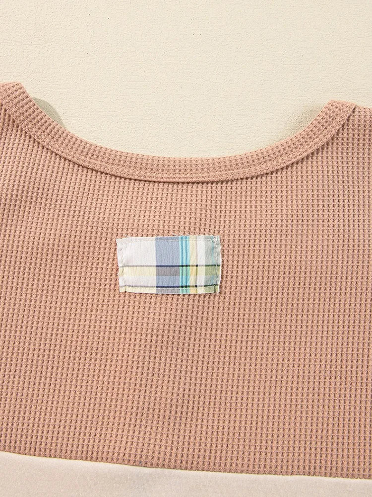 Plaid-Sleeve Colorblock Button Top