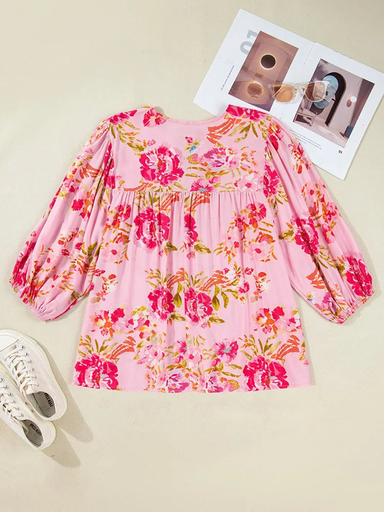 Floral Tie-Neck Three-Quarter Blouse