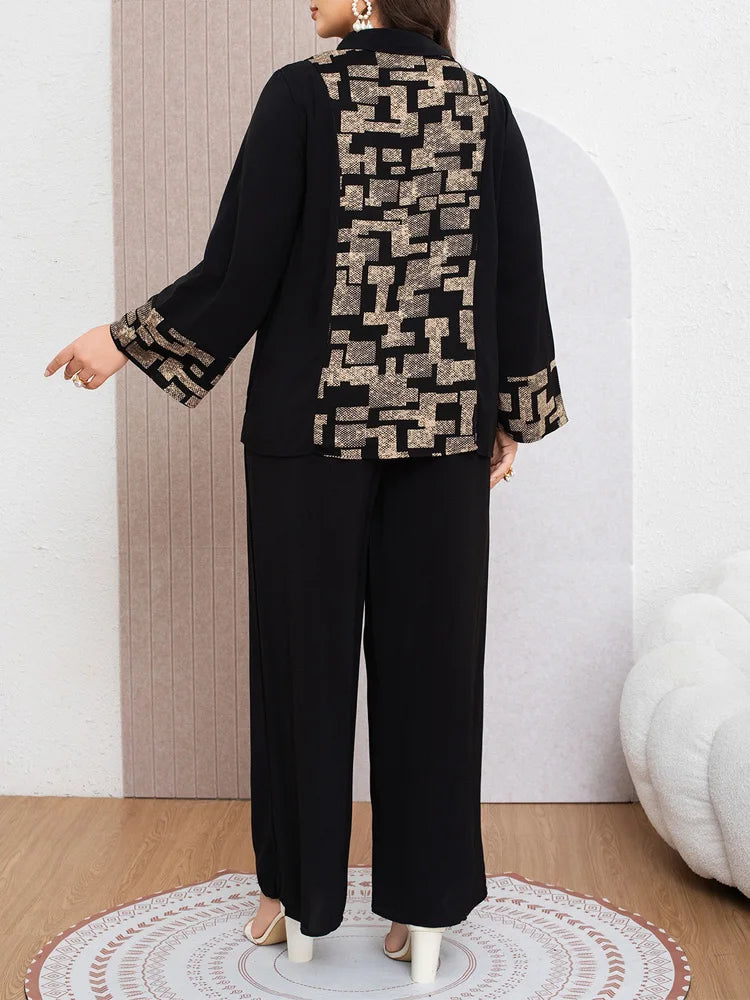Geometric-Panel Shirt & Wide-Leg Pants Set