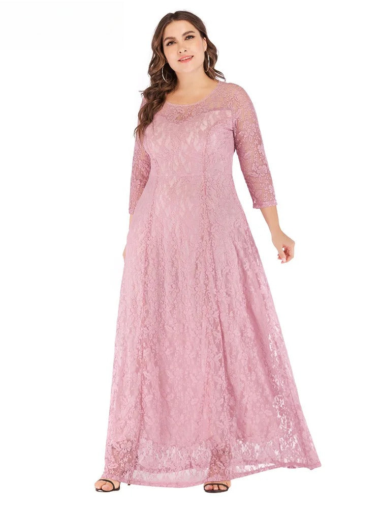 Three-Quarter-Sleeve Lace Maxi Dress